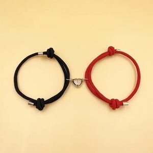 2pcs Couple Bracelet Set with Heart Magnetic Buckle - Red/Balck-Polyester